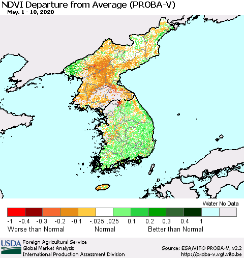 Korea NDVI Departure from Average (PROBA-V) Thematic Map For 5/1/2020 - 5/10/2020