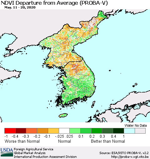 Korea NDVI Departure from Average (PROBA-V) Thematic Map For 5/11/2020 - 5/20/2020