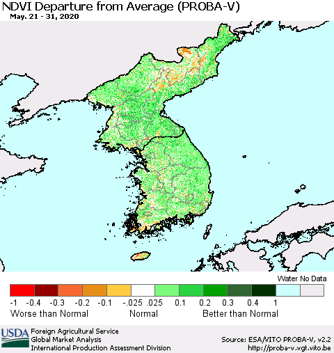 Korea NDVI Departure from Average (PROBA-V) Thematic Map For 5/21/2020 - 5/31/2020
