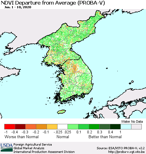 Korea NDVI Departure from Average (PROBA-V) Thematic Map For 6/1/2020 - 6/10/2020
