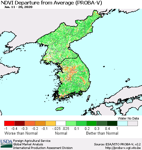 Korea NDVI Departure from Average (PROBA-V) Thematic Map For 6/11/2020 - 6/20/2020
