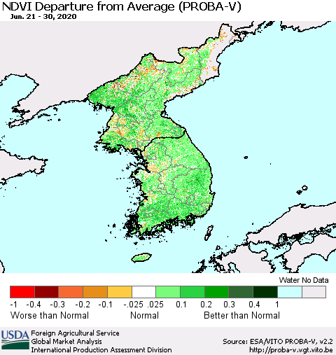 Korea NDVI Departure from Average (PROBA-V) Thematic Map For 6/21/2020 - 6/30/2020