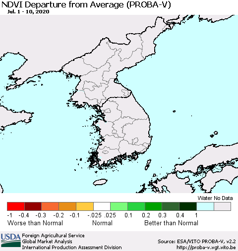 Korea NDVI Departure from Average (PROBA-V) Thematic Map For 7/1/2020 - 7/10/2020