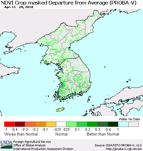 Korea NDVI Crop-masked Departure from Average (PROBA-V) Thematic Map For 4/11/2018 - 4/20/2018