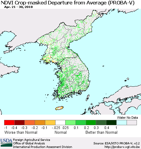 Korea NDVI Crop-masked Departure from Average (PROBA-V) Thematic Map For 4/21/2018 - 4/30/2018