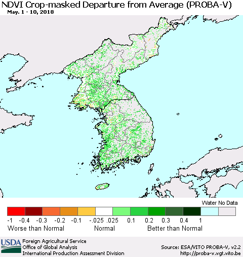 Korea NDVI Crop-masked Departure from Average (PROBA-V) Thematic Map For 5/1/2018 - 5/10/2018