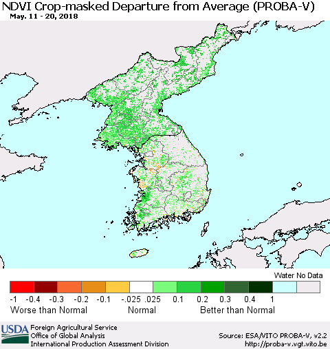 Korea NDVI Crop-masked Departure from Average (PROBA-V) Thematic Map For 5/11/2018 - 5/20/2018