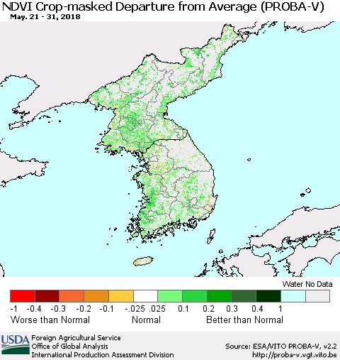 Korea NDVI Crop-masked Departure from Average (PROBA-V) Thematic Map For 5/21/2018 - 5/31/2018