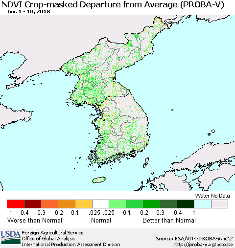 Korea NDVI Crop-masked Departure from Average (PROBA-V) Thematic Map For 6/1/2018 - 6/10/2018