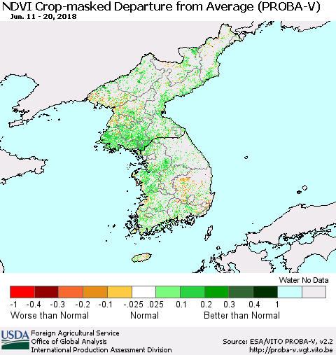 Korea NDVI Crop-masked Departure from Average (PROBA-V) Thematic Map For 6/11/2018 - 6/20/2018