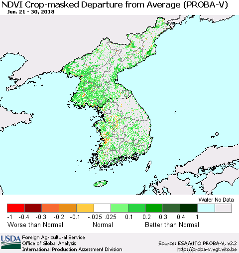 Korea NDVI Crop-masked Departure from Average (PROBA-V) Thematic Map For 6/21/2018 - 6/30/2018