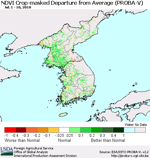 Korea NDVI Crop-masked Departure from Average (PROBA-V) Thematic Map For 7/1/2018 - 7/10/2018