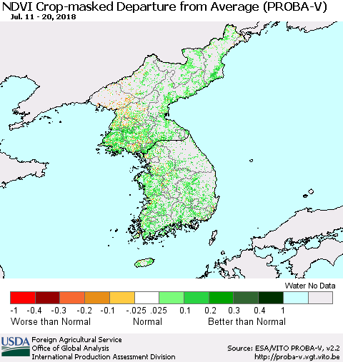 Korea NDVI Crop-masked Departure from Average (PROBA-V) Thematic Map For 7/11/2018 - 7/20/2018