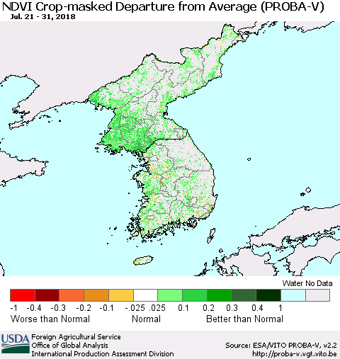 Korea NDVI Crop-masked Departure from Average (PROBA-V) Thematic Map For 7/21/2018 - 7/31/2018