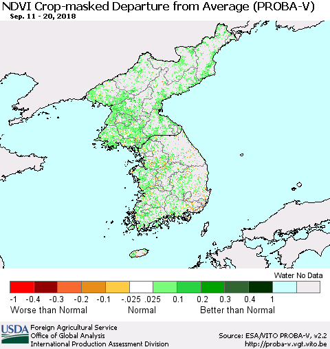 Korea NDVI Crop-masked Departure from Average (PROBA-V) Thematic Map For 9/11/2018 - 9/20/2018