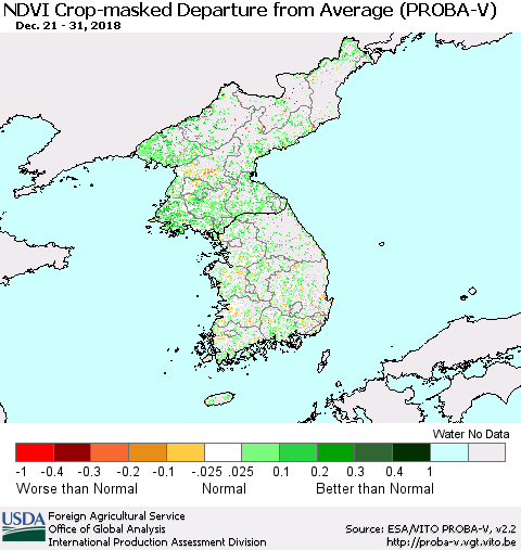 Korea NDVI Crop-masked Departure from Average (PROBA-V) Thematic Map For 12/21/2018 - 12/31/2018