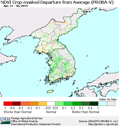 Korea NDVI Crop-masked Departure from Average (PROBA-V) Thematic Map For 4/21/2019 - 4/30/2019