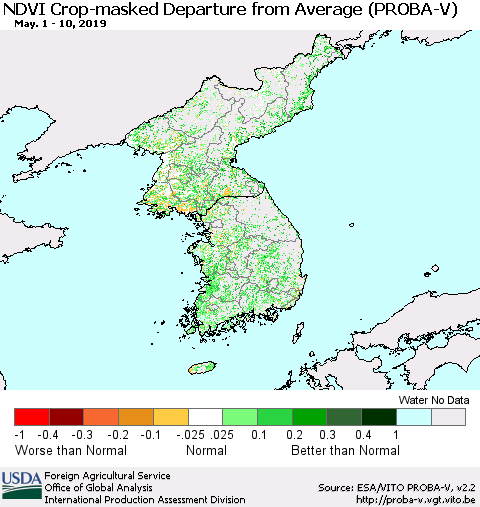 Korea NDVI Crop-masked Departure from Average (PROBA-V) Thematic Map For 5/1/2019 - 5/10/2019