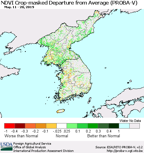 Korea NDVI Crop-masked Departure from Average (PROBA-V) Thematic Map For 5/11/2019 - 5/20/2019