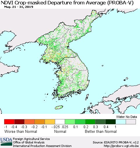 Korea NDVI Crop-masked Departure from Average (PROBA-V) Thematic Map For 5/21/2019 - 5/31/2019