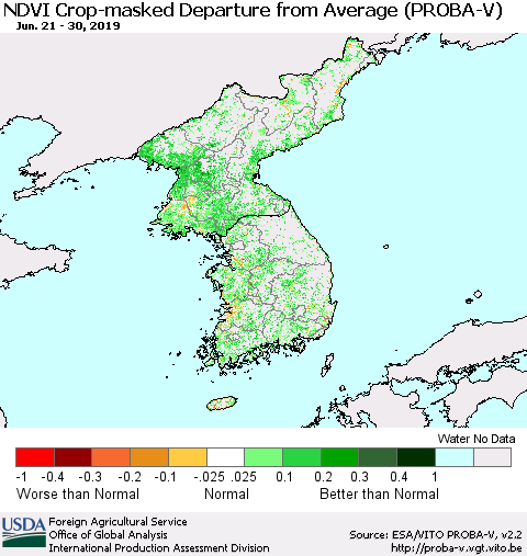 Korea NDVI Crop-masked Departure from Average (PROBA-V) Thematic Map For 6/21/2019 - 6/30/2019