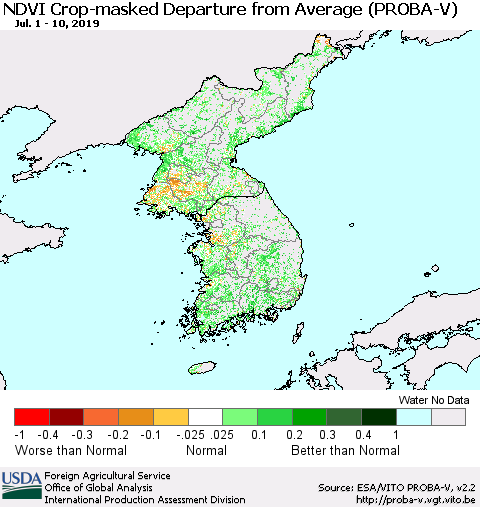 Korea NDVI Crop-masked Departure from Average (PROBA-V) Thematic Map For 7/1/2019 - 7/10/2019