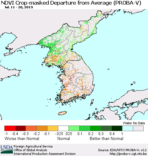 Korea NDVI Crop-masked Departure from Average (PROBA-V) Thematic Map For 7/11/2019 - 7/20/2019