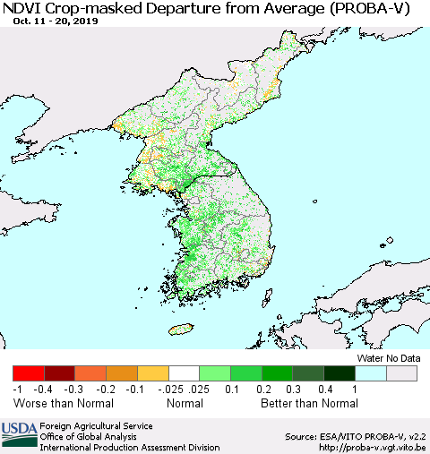 Korea NDVI Crop-masked Departure from Average (PROBA-V) Thematic Map For 10/11/2019 - 10/20/2019