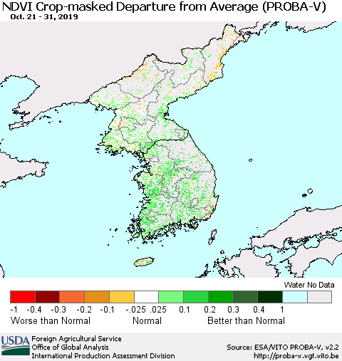Korea NDVI Crop-masked Departure from Average (PROBA-V) Thematic Map For 10/21/2019 - 10/31/2019