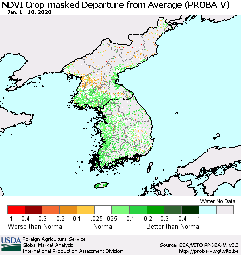 Korea NDVI Crop-masked Departure from Average (PROBA-V) Thematic Map For 1/1/2020 - 1/10/2020