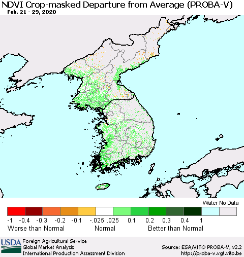 Korea NDVI Crop-masked Departure from Average (PROBA-V) Thematic Map For 2/21/2020 - 2/29/2020