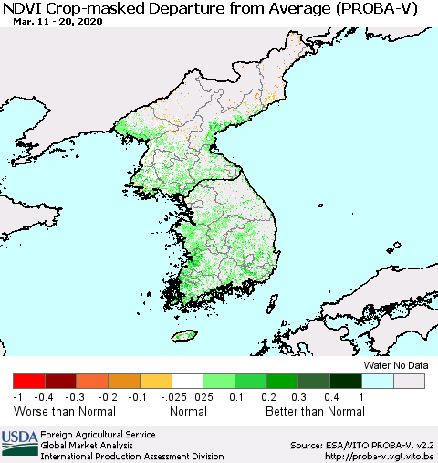 Korea NDVI Crop-masked Departure from Average (PROBA-V) Thematic Map For 3/11/2020 - 3/20/2020