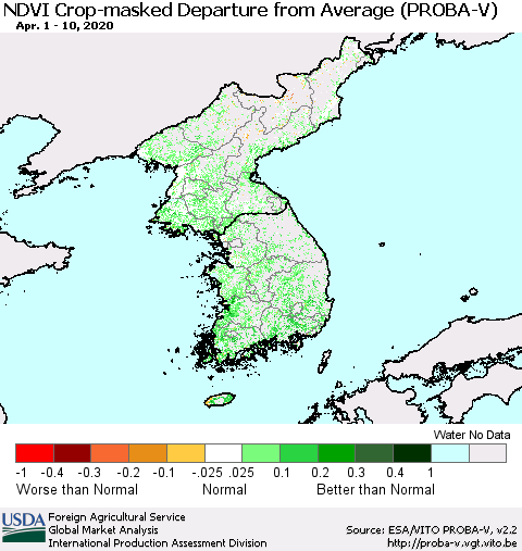 Korea NDVI Crop-masked Departure from Average (PROBA-V) Thematic Map For 4/1/2020 - 4/10/2020