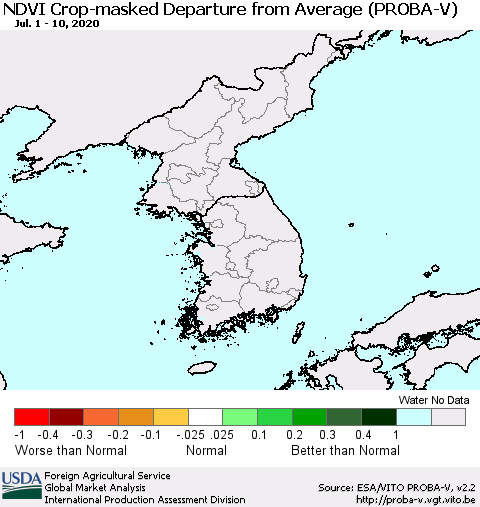 Korea NDVI Crop-masked Departure from Average (PROBA-V) Thematic Map For 7/1/2020 - 7/10/2020