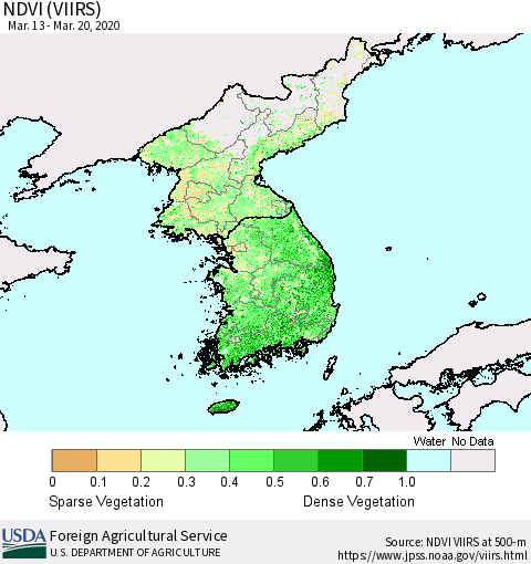 Korea NDVI (VIIRS) Thematic Map For 3/11/2020 - 3/20/2020