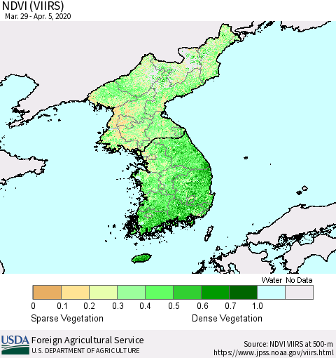 Korea NDVI (VIIRS) Thematic Map For 4/1/2020 - 4/10/2020