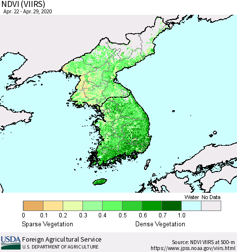 Korea NDVI (VIIRS) Thematic Map For 4/21/2020 - 4/30/2020