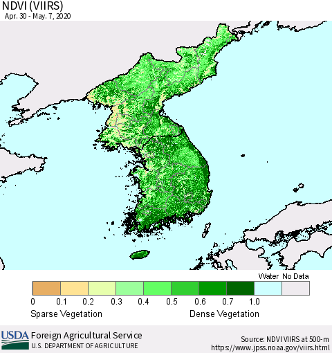 Korea NDVI (VIIRS) Thematic Map For 5/1/2020 - 5/10/2020