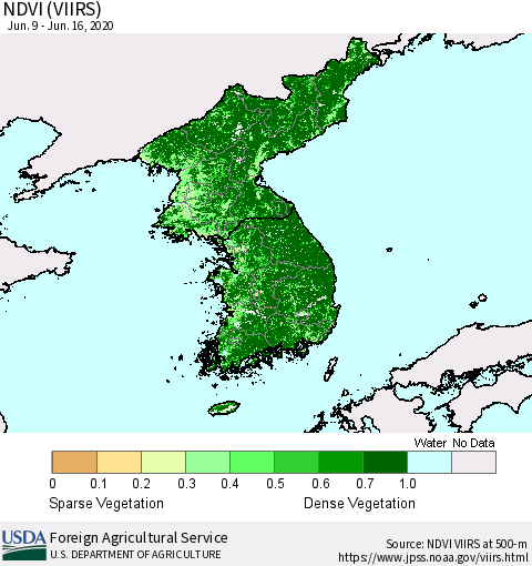 Korea NDVI (VIIRS) Thematic Map For 6/11/2020 - 6/20/2020