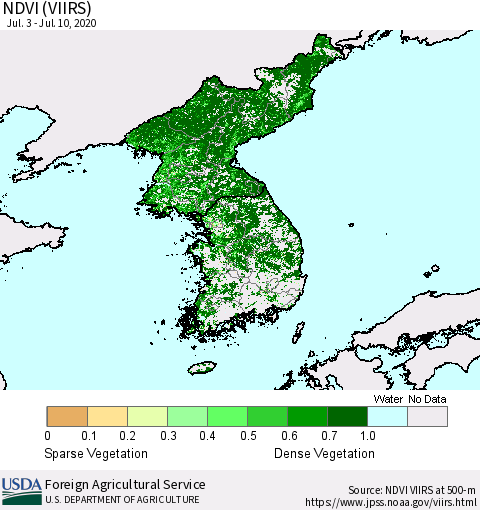 Korea NDVI (VIIRS) Thematic Map For 7/1/2020 - 7/10/2020