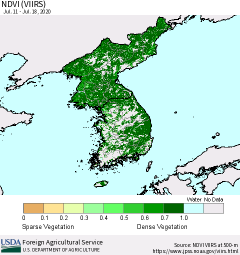 Korea NDVI (VIIRS) Thematic Map For 7/11/2020 - 7/20/2020