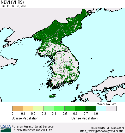 Korea NDVI (VIIRS) Thematic Map For 7/21/2020 - 7/31/2020