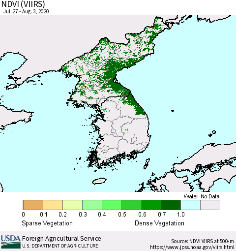 Korea NDVI (VIIRS) Thematic Map For 8/1/2020 - 8/10/2020
