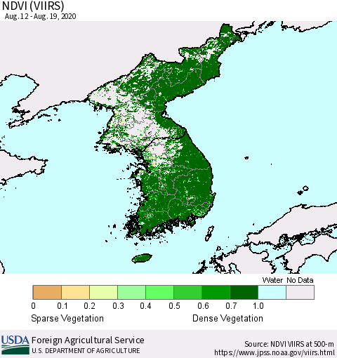 Korea NDVI (VIIRS) Thematic Map For 8/11/2020 - 8/20/2020
