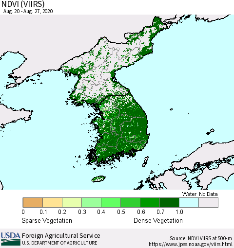 Korea NDVI (VIIRS) Thematic Map For 8/21/2020 - 8/31/2020