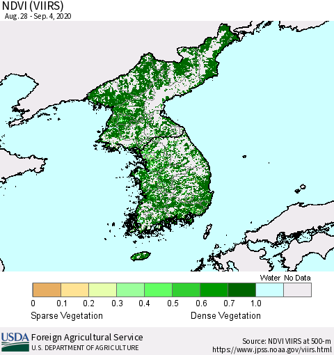 Korea NDVI (VIIRS) Thematic Map For 9/1/2020 - 9/10/2020