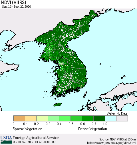 Korea NDVI (VIIRS) Thematic Map For 9/11/2020 - 9/20/2020