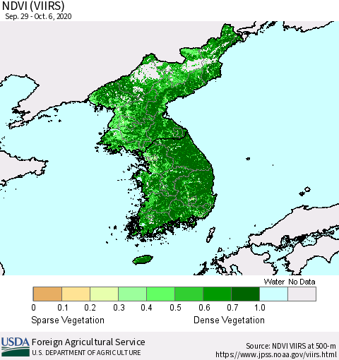 Korea NDVI (VIIRS) Thematic Map For 10/1/2020 - 10/10/2020