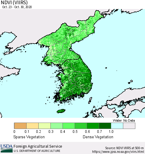Korea NDVI (VIIRS) Thematic Map For 10/21/2020 - 10/31/2020