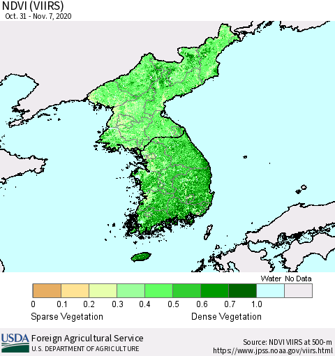 Korea NDVI (VIIRS) Thematic Map For 11/1/2020 - 11/10/2020